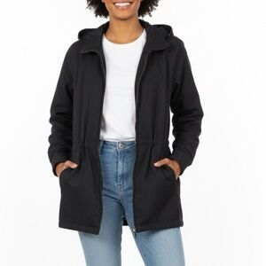 Talbots Optional Hood Jacket Cinch Waist Utility Chore Black Full Zip Sz XS
